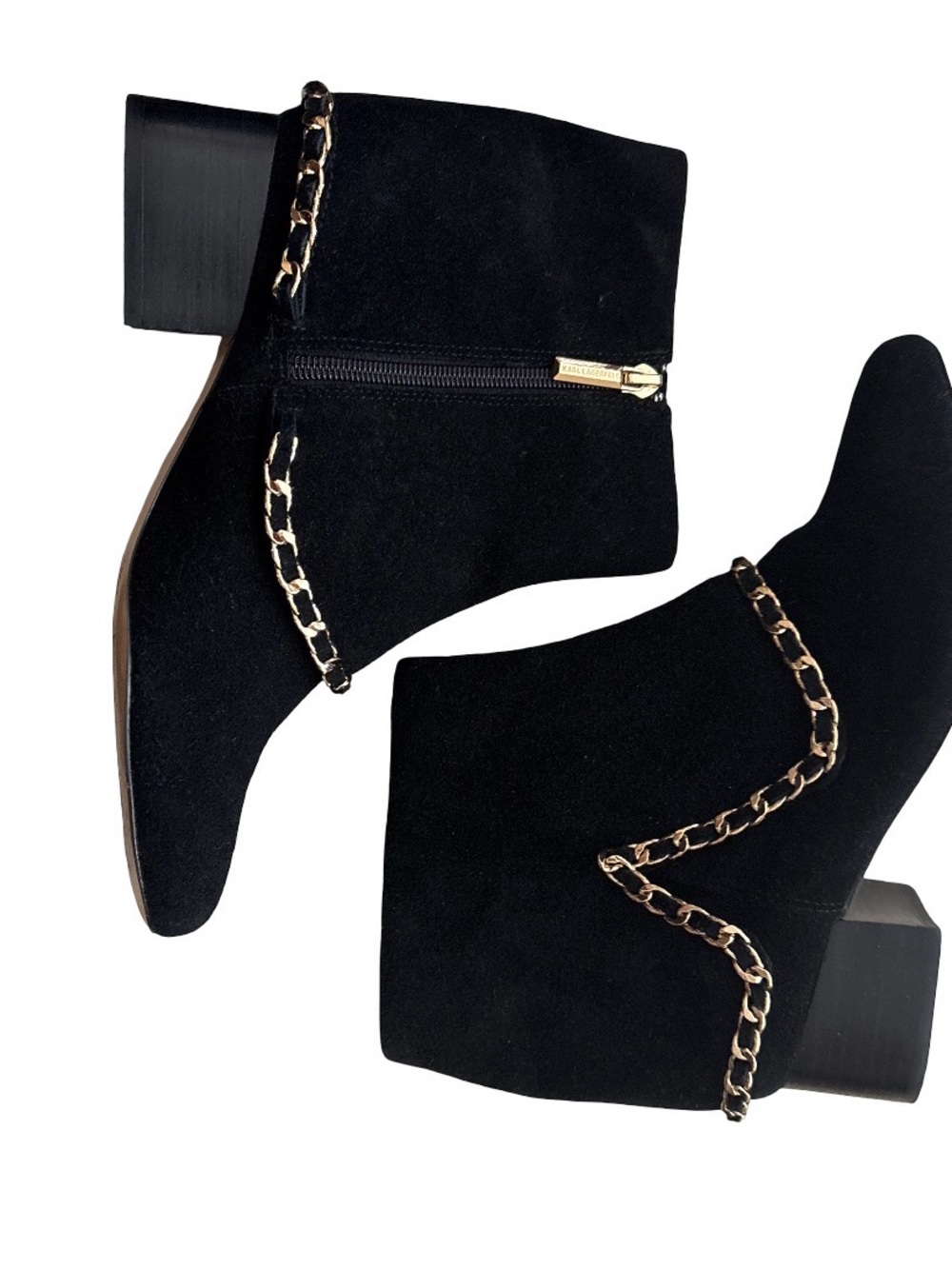 Karl Lagerfeld Black Suede Ankle Booties with Gold Chain Trim